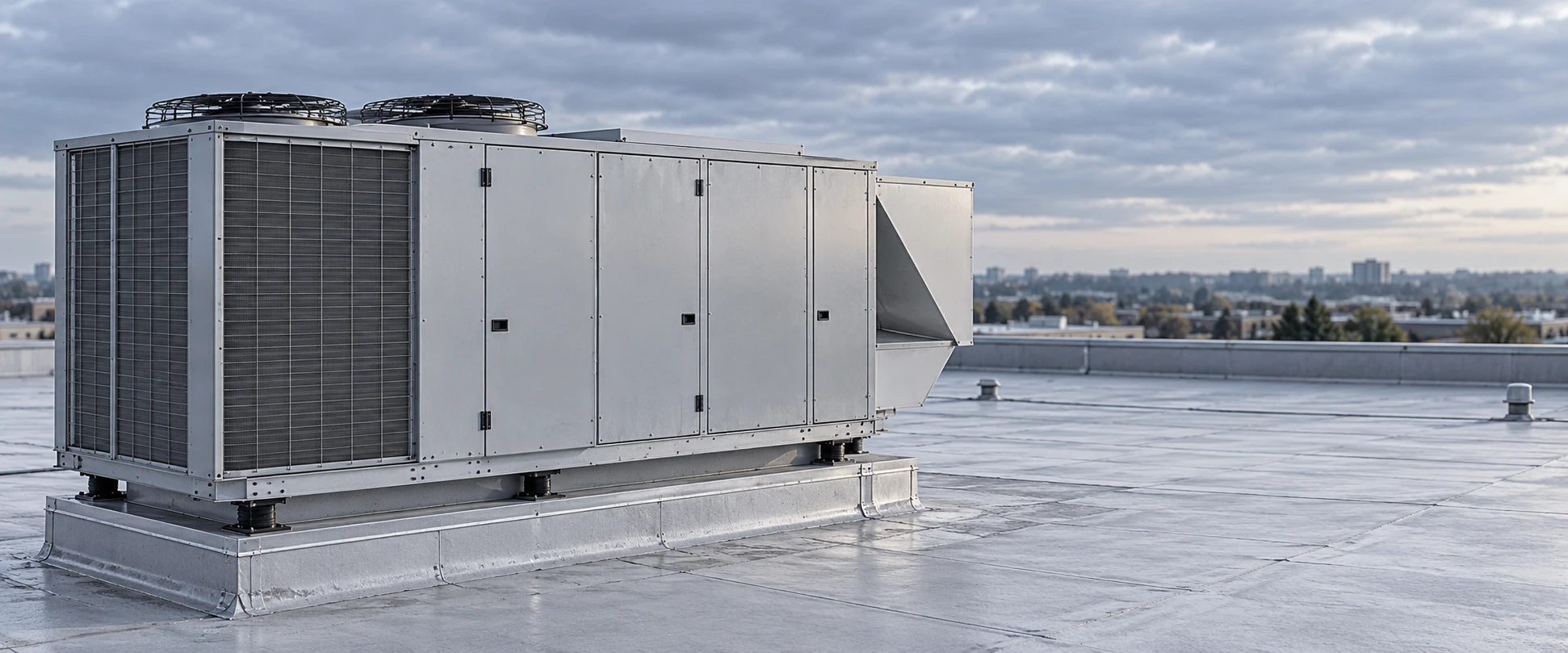 Commercial rooftop HVAC unit on a raised curb, with the roof and site conditions visible
